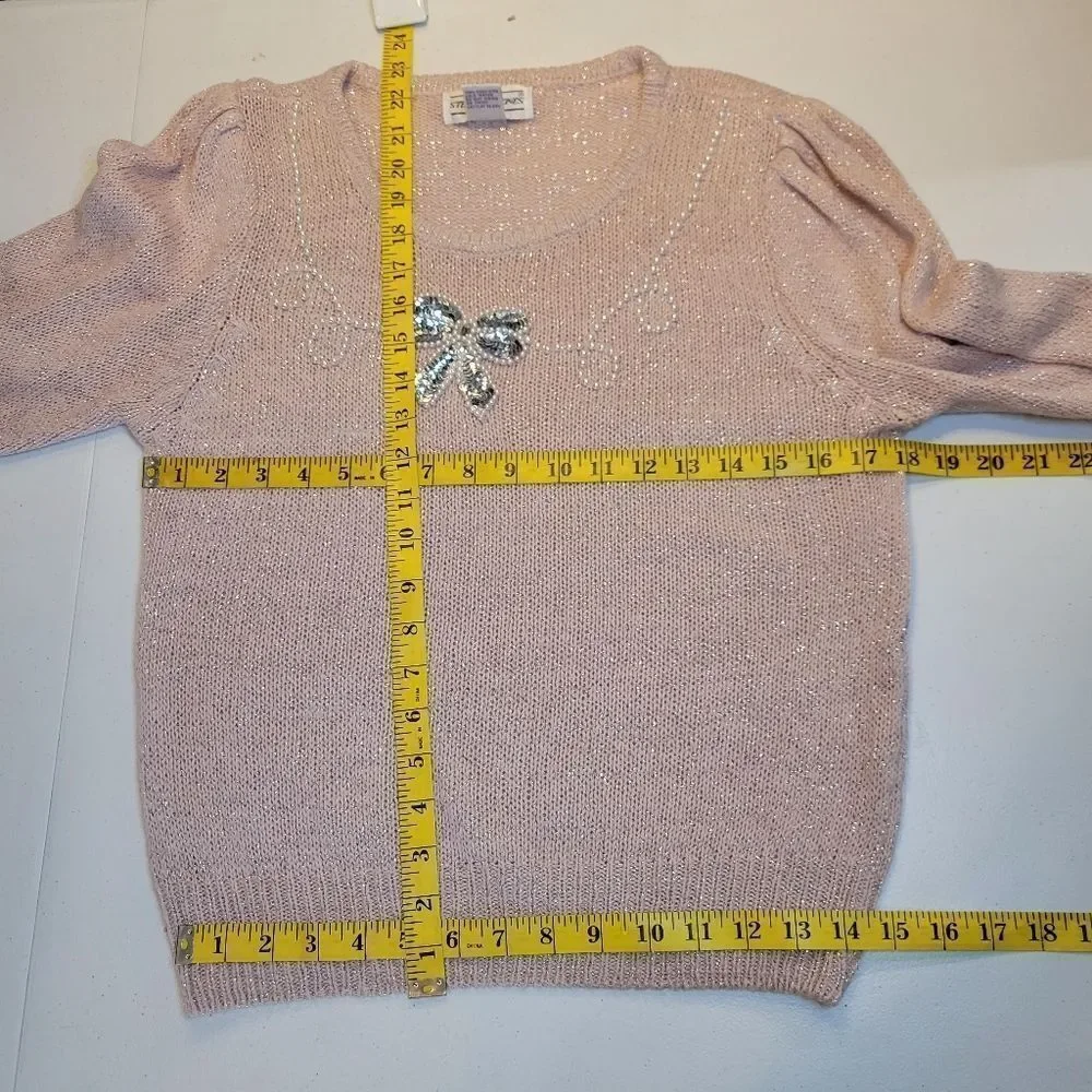 Stepping Stones Vintage Light Pink Silk Angora Blend Pearl Sequin Bow on Front - Picture 8 of 11